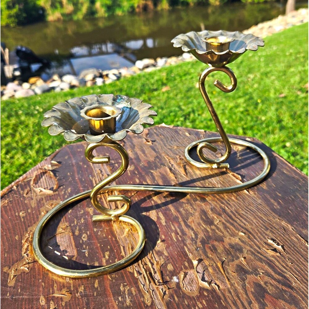 VTG Brass Candlestick Holder Double Taper Flower Boved Candelabra Brass Taper